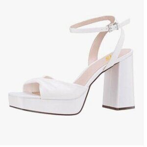 FYS White Platform Square Toe Sandals Ankle Strap Chunky High Heels Elegant Shoe